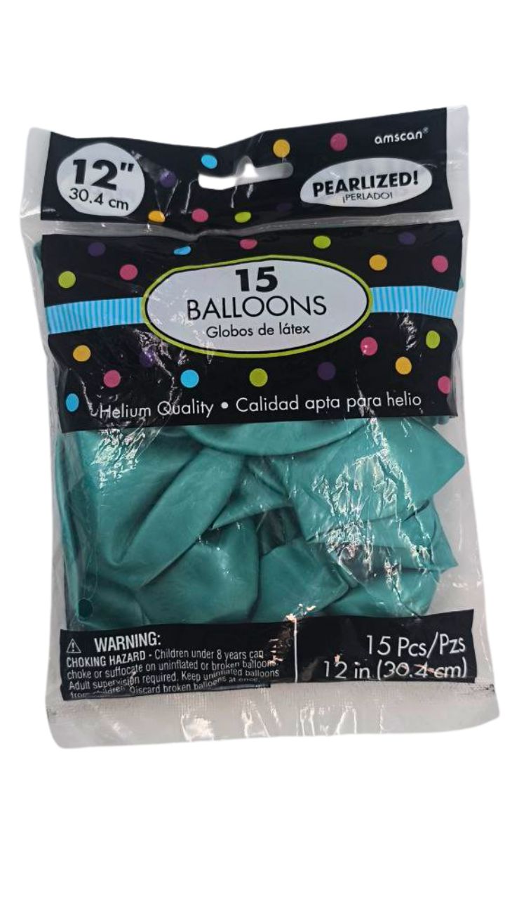 GLOBOS PERLADOS R12 TURQUESA 15 PZ 