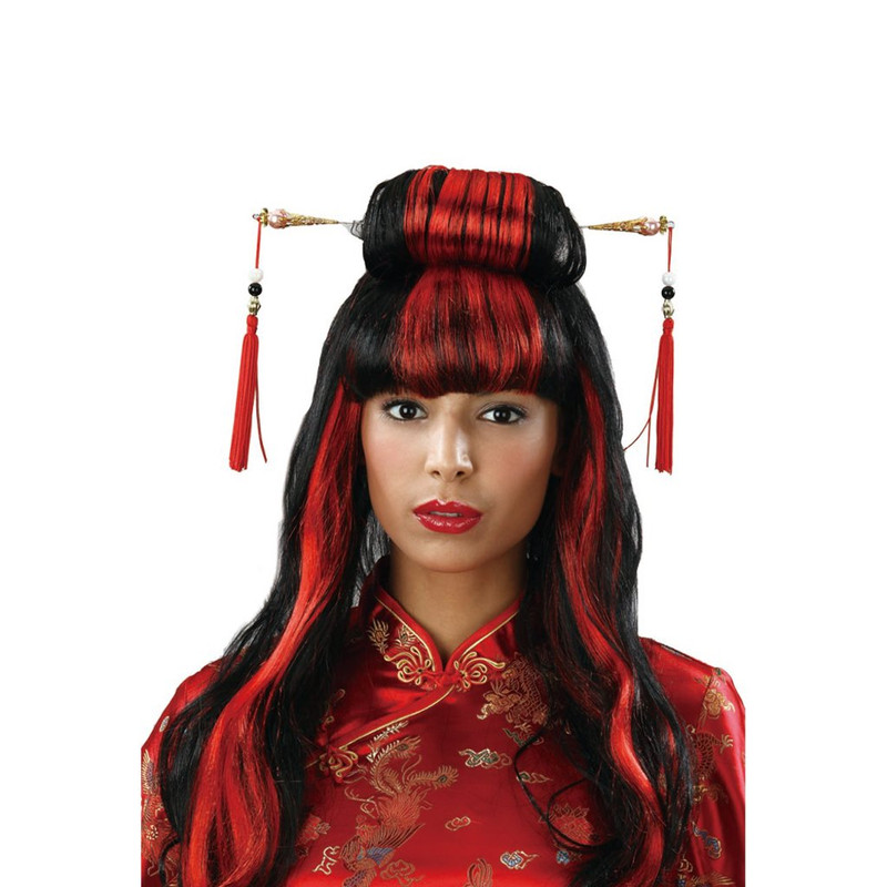 PELUCA LARGA CHINA MECHONES ROJO-NEG