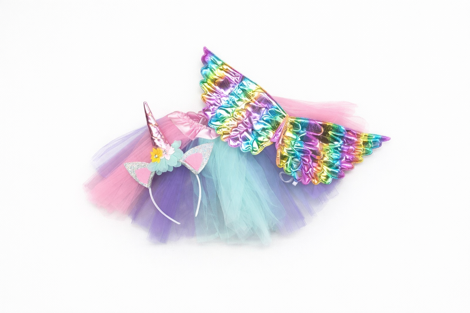 TUTU Y CINTILLO UNICORNIO CON ALAS TORNASOL