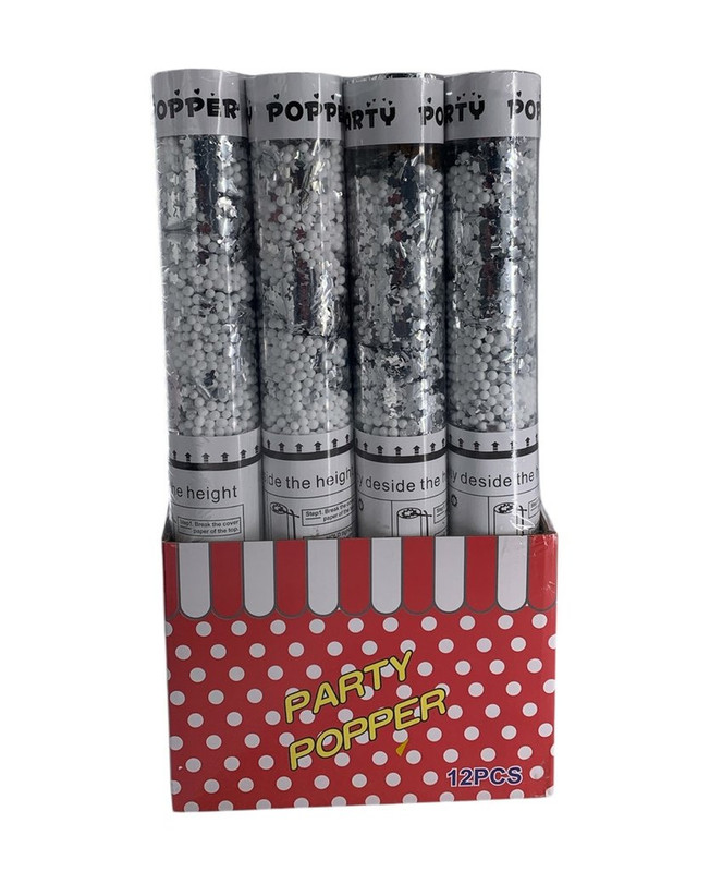 CAÑON DE CONFETI TRANSPARENTE ESFERAS BLANCAS 38 CM