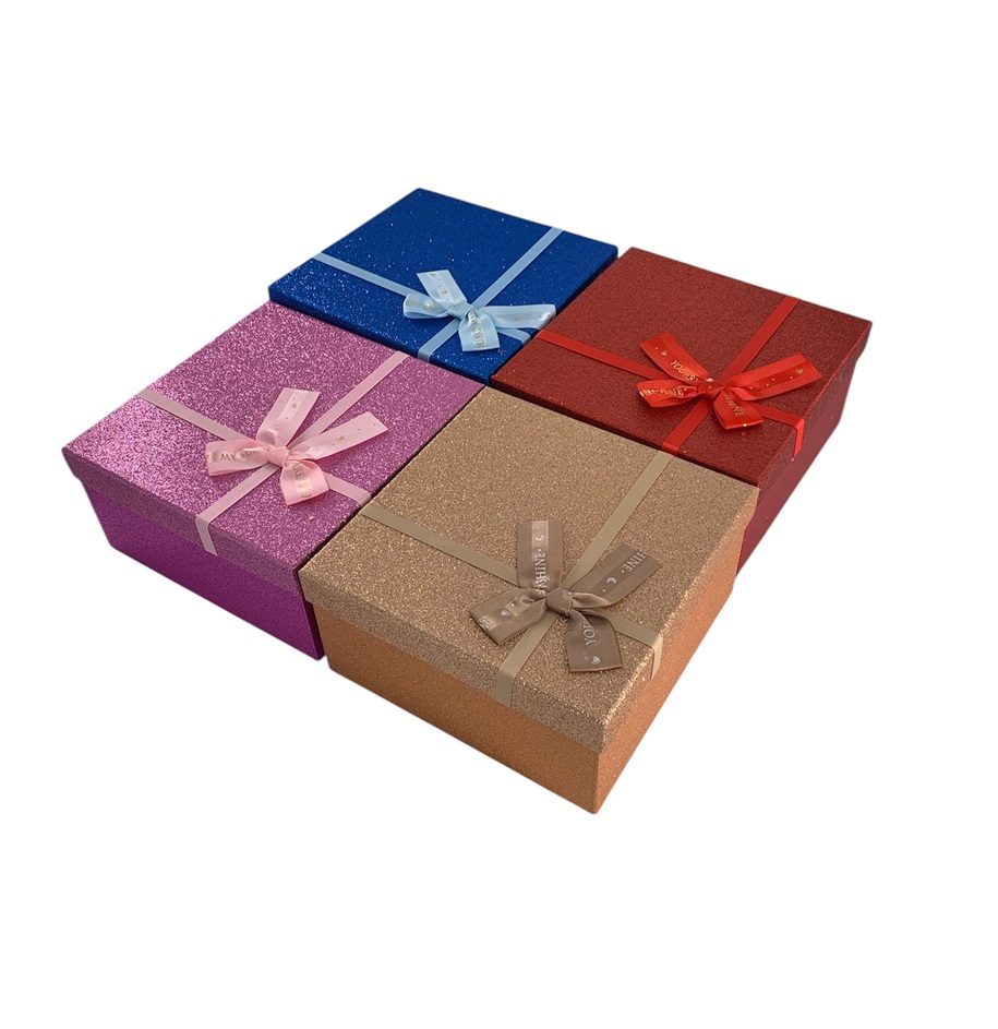 CAJA DE REGALO ESCARCHADO CON LAZO 17*17*8 CM