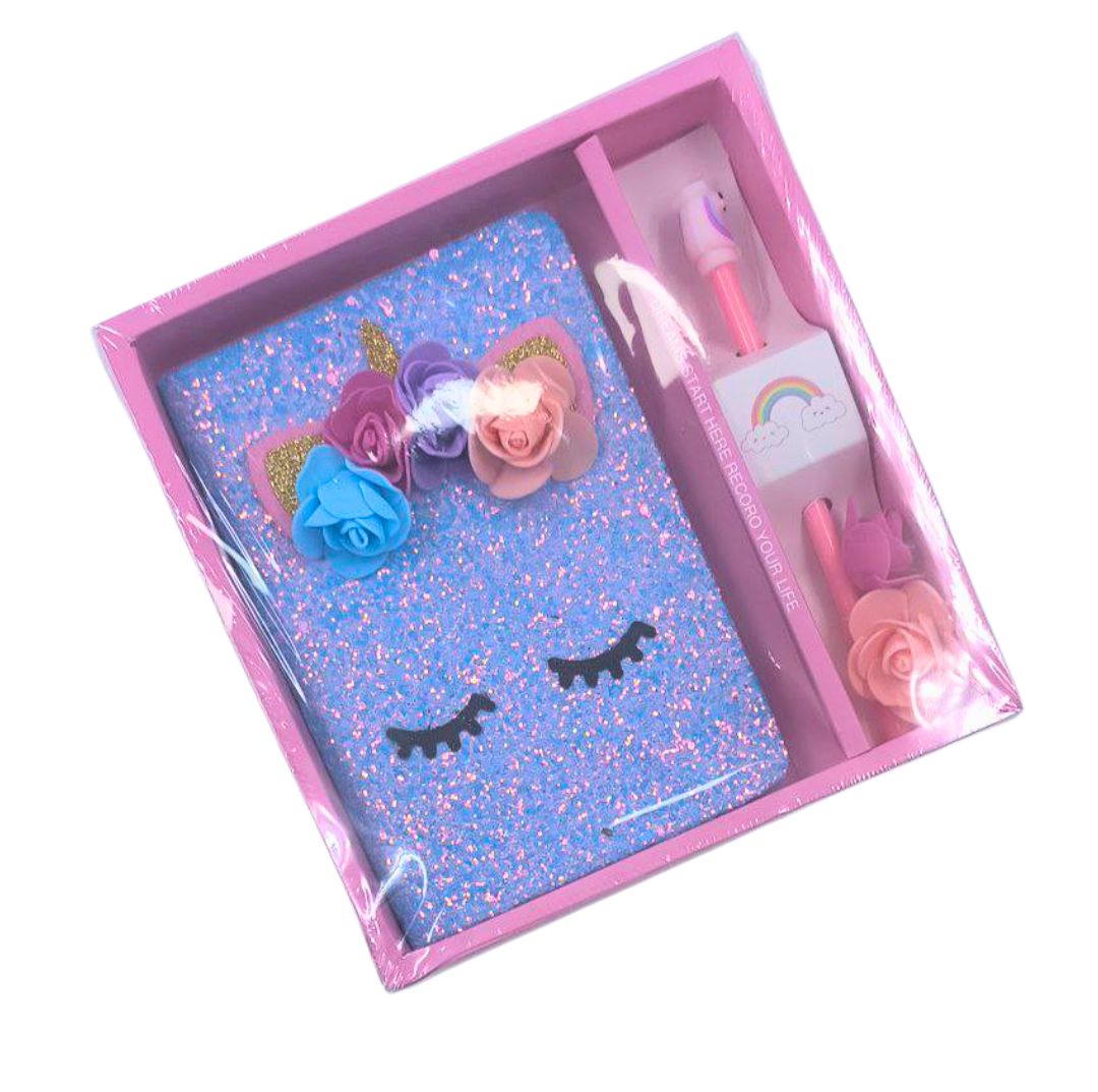 LIBRETA UNICORNIO ESCARCHADO Y BOLIGRAFO 1L/100H