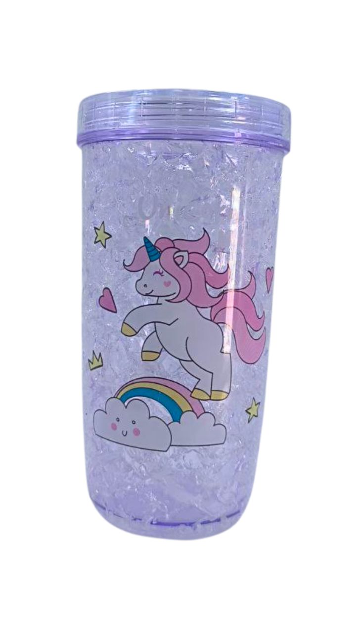 VASO PLASTICO CON TAPA UNICORNIO