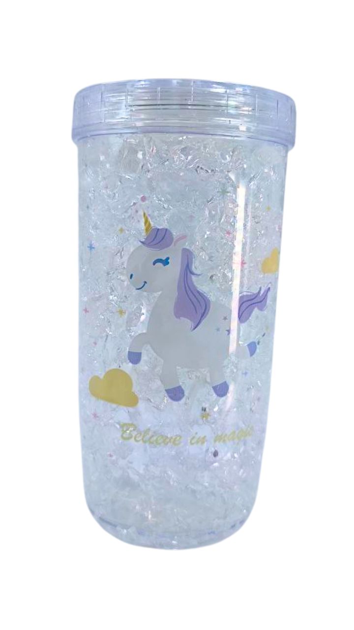 VASO PLASTICO CON TAPA UNICORNIO