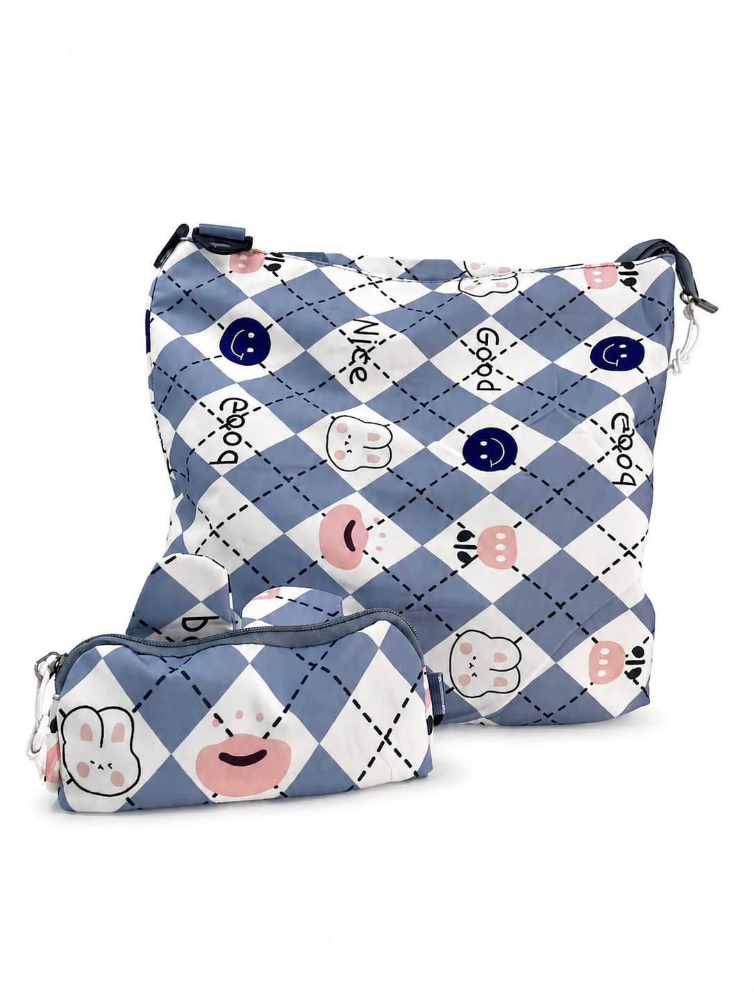 BOLSO DE MANO ESTAMPADO CONEJITOS (AZUL/BLANCO)