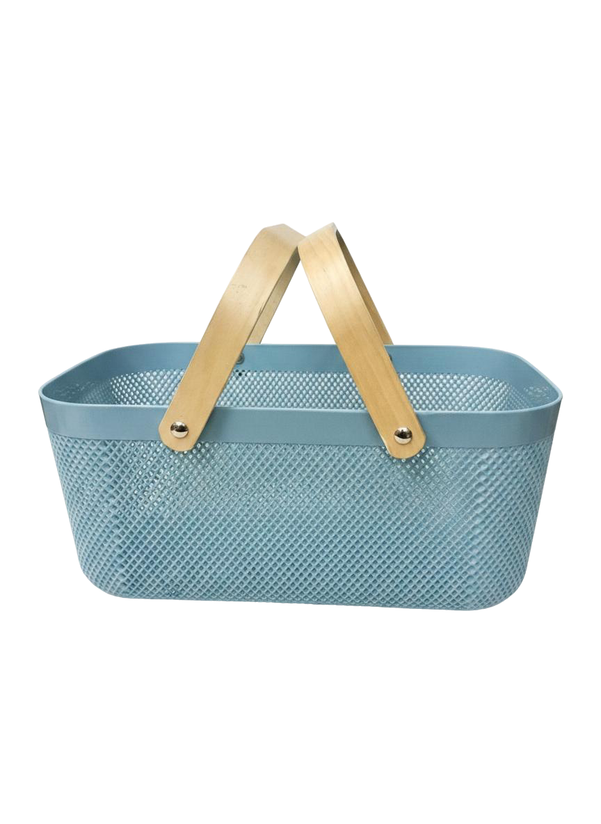 CESTA RECTANGULAR GRANDE CON ASAS DE MADERA  (AZUL)