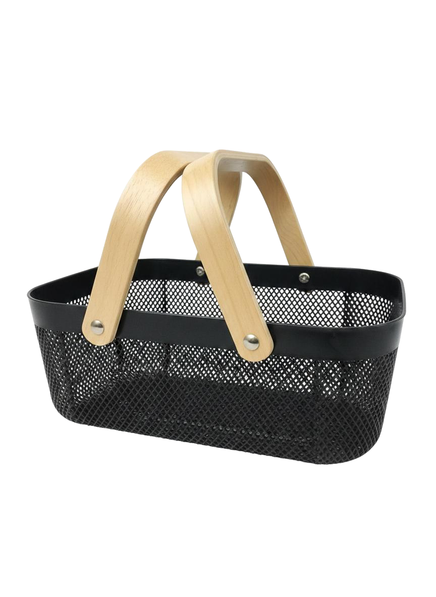 CESTA RECTANGULAR MEDIANA CON ASAS DE MADERA (NEGRO)