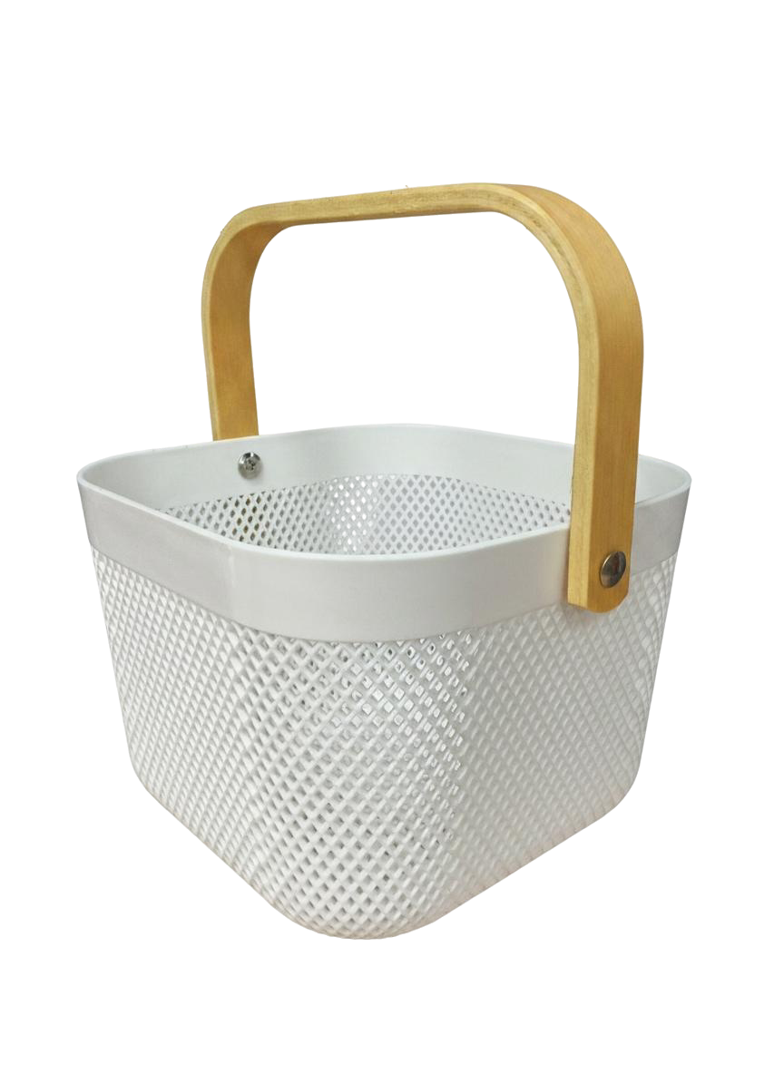 CESTA CUADRADA MEDIANA CON ASAS DE MADERA (BLANCO)