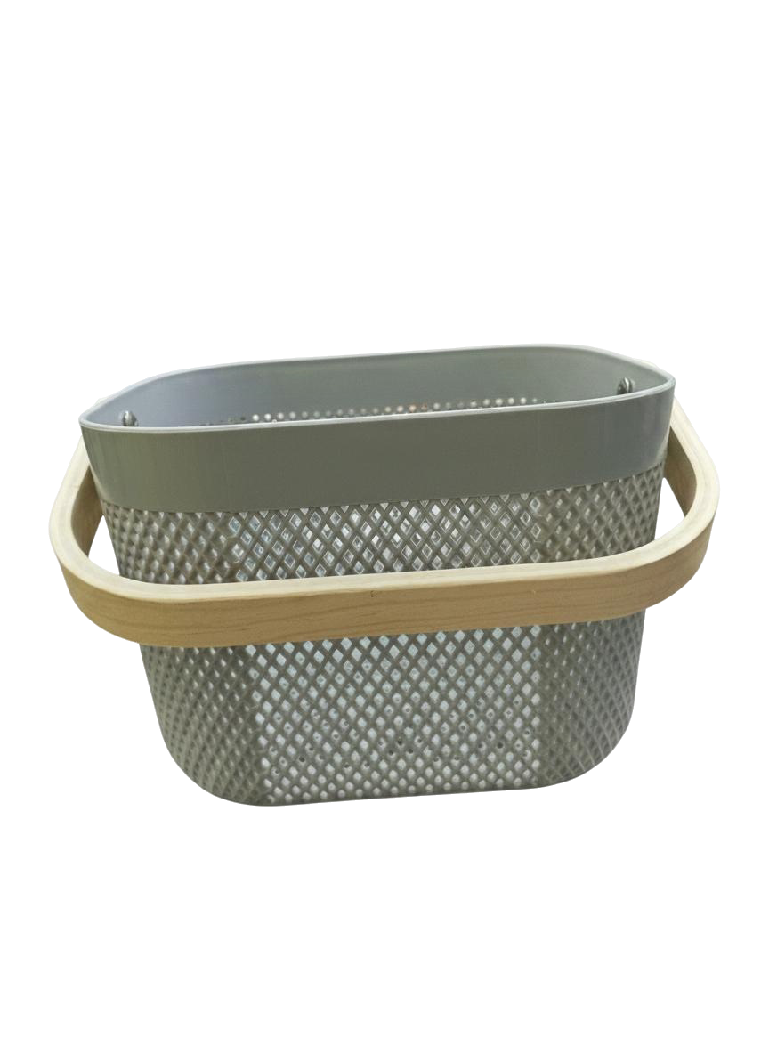 CESTA CUADRADA PEQUEÑA CON ASAS DE MADERA (GRIS)