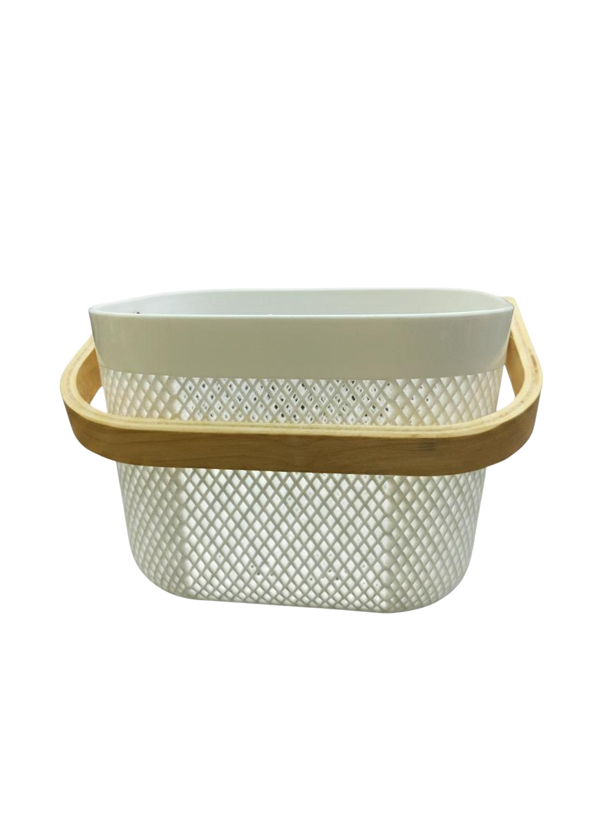 CESTA CUADRADA PEQUEÑA CON ASAS DE MADERA (BLANCO)