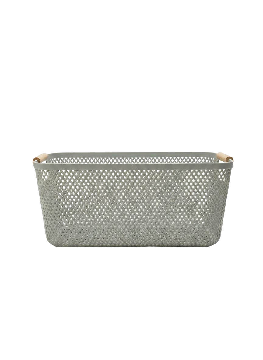 CESTA RECTANGULAR GRANDE CON MANGO DE MADERA (GRIS)