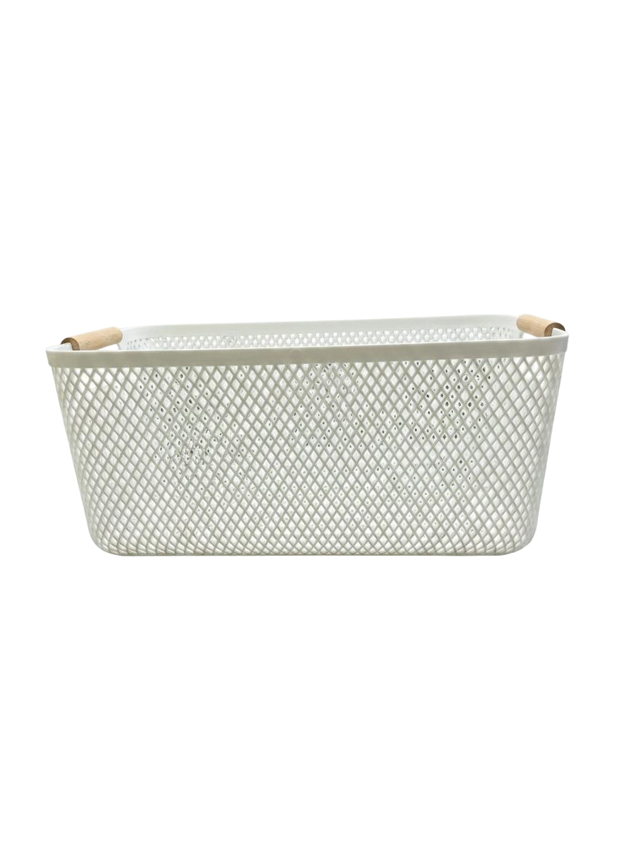 CESTA RECTANGULAR GRANDE CON MANGO DE MADERA (BLANCO)