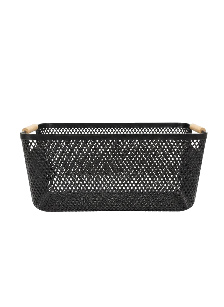 CESTA RECTANGULAR GRANDE CON MANGO DE MADERA (NEGRO)