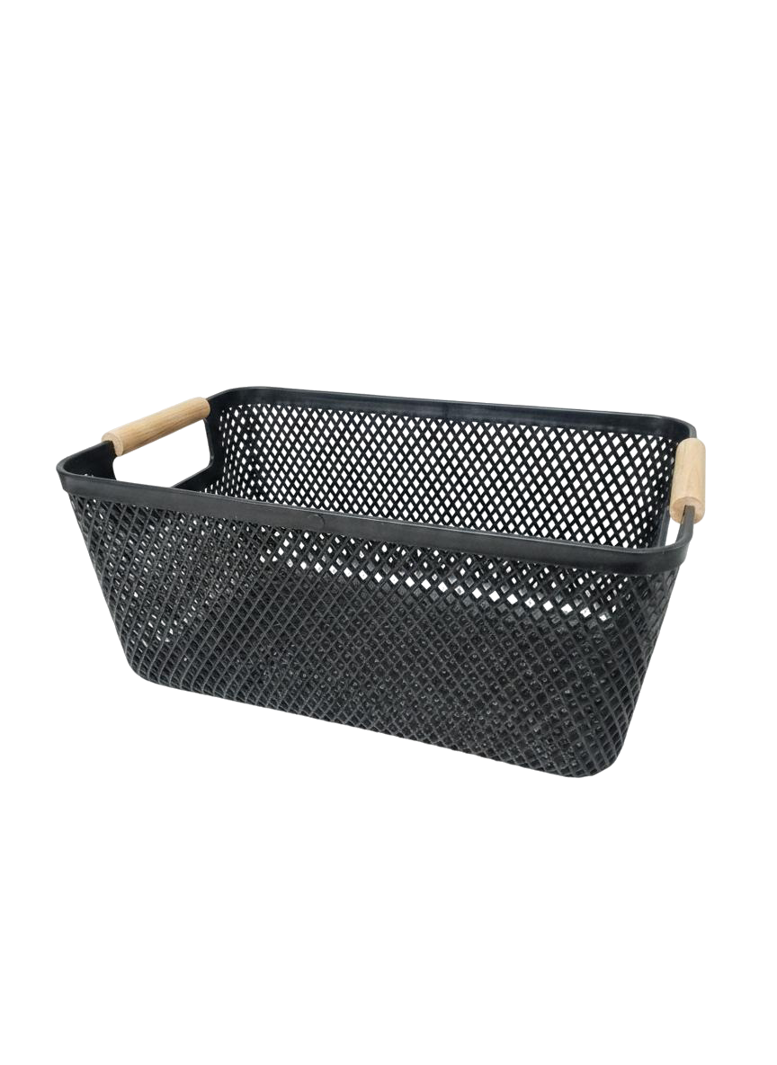 CESTA RECTANGULAR MEDIANA CON MANGO DE MADERA (NEGRO)