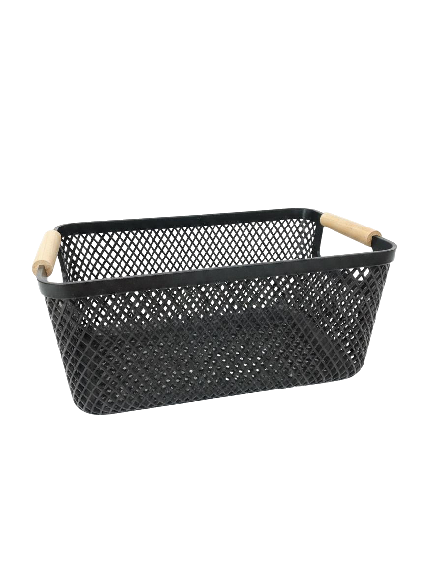 CESTA RECTANGULAR PEQUEÑA CON MANGO DE MADERA (NEGRO)